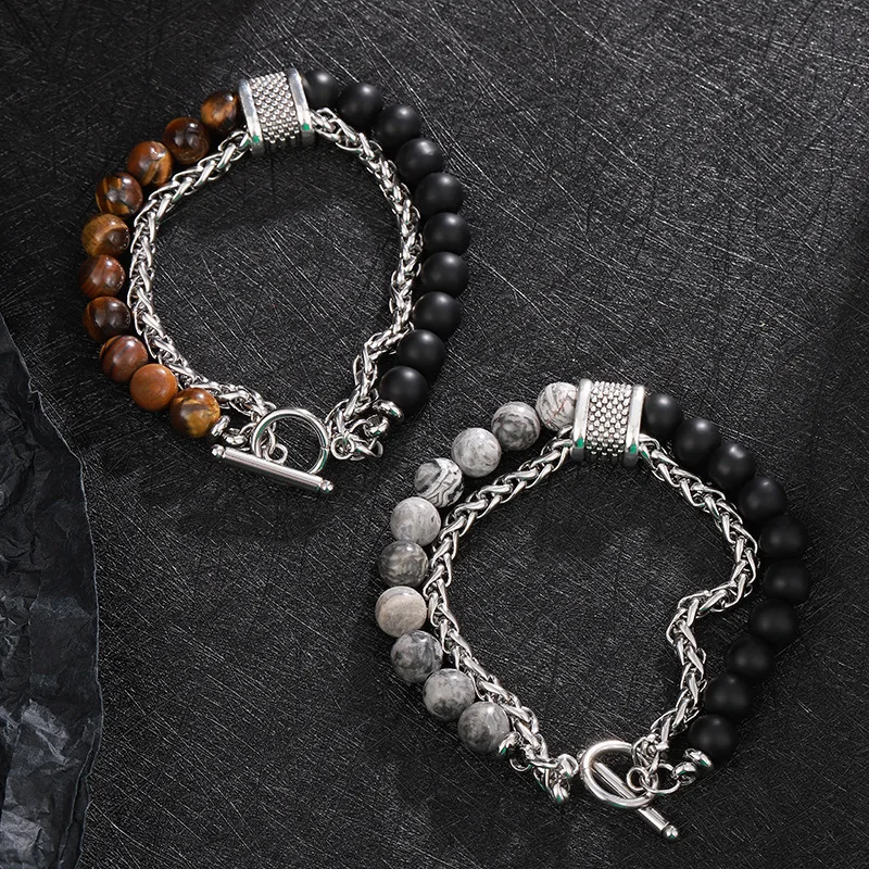 Exquisite jewelry tiger eye stone transfer beads titanium steel bracelet versatile for men women high-end personalized