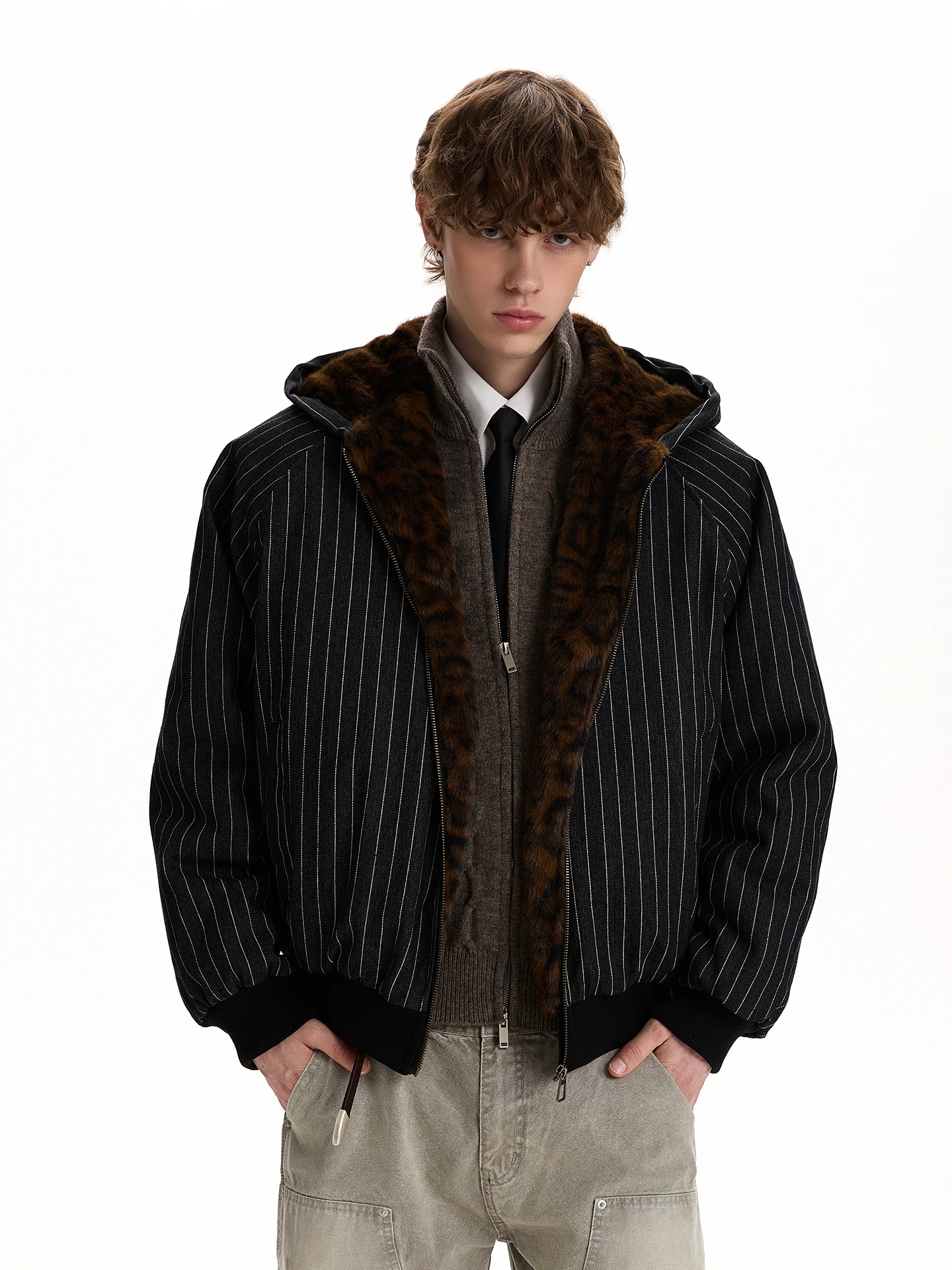 

a PUEE American Retro Leopard Print Fur Collar Bomber Jaet ort Hooded Fce Lined Coat Mountain Eagle Cotton for Winter