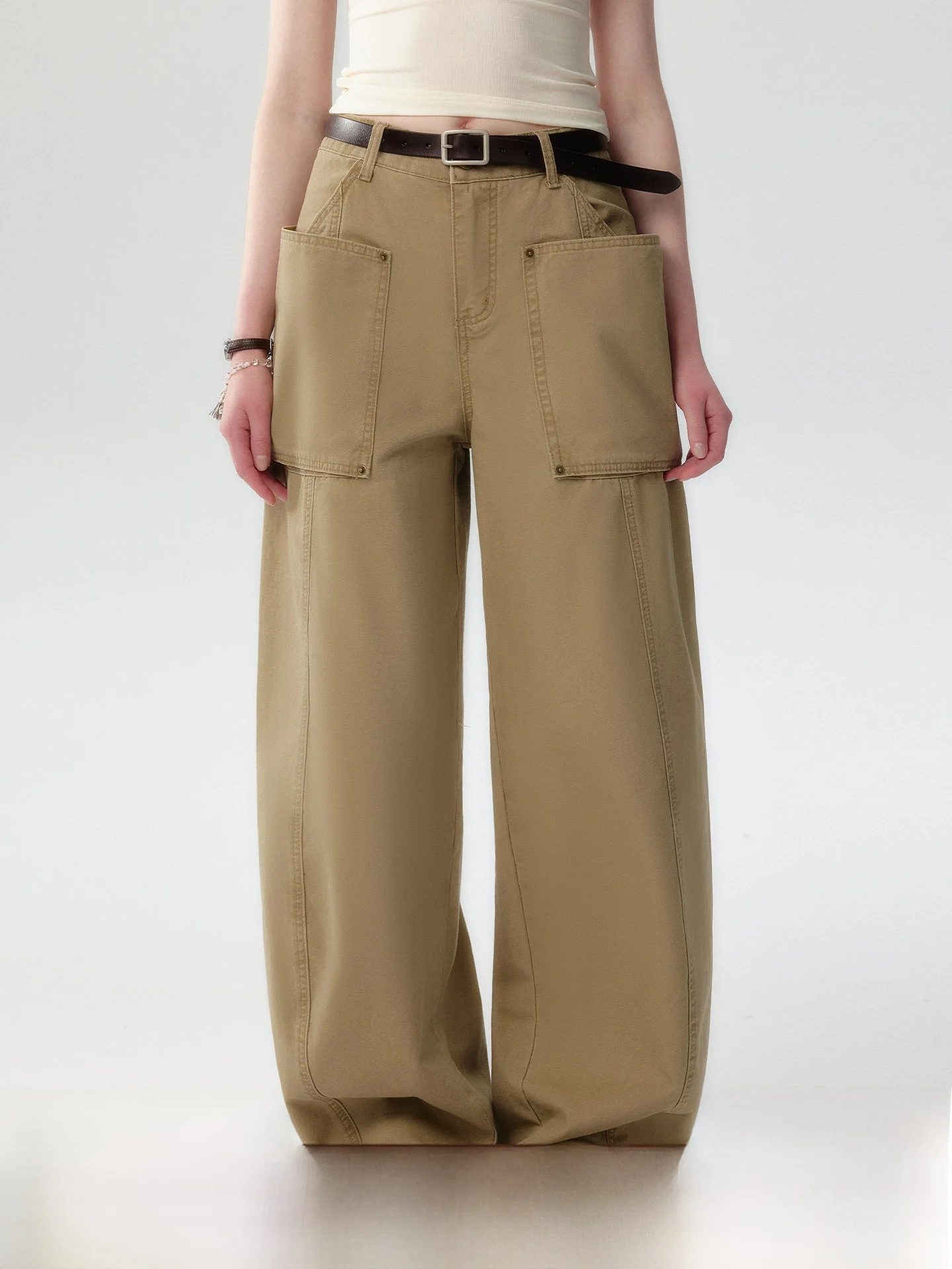 

plus Size Utility Style Khaki Workwear Jeans Women's Spring Summer Vintage Neutral Straight Leg Casual Pants