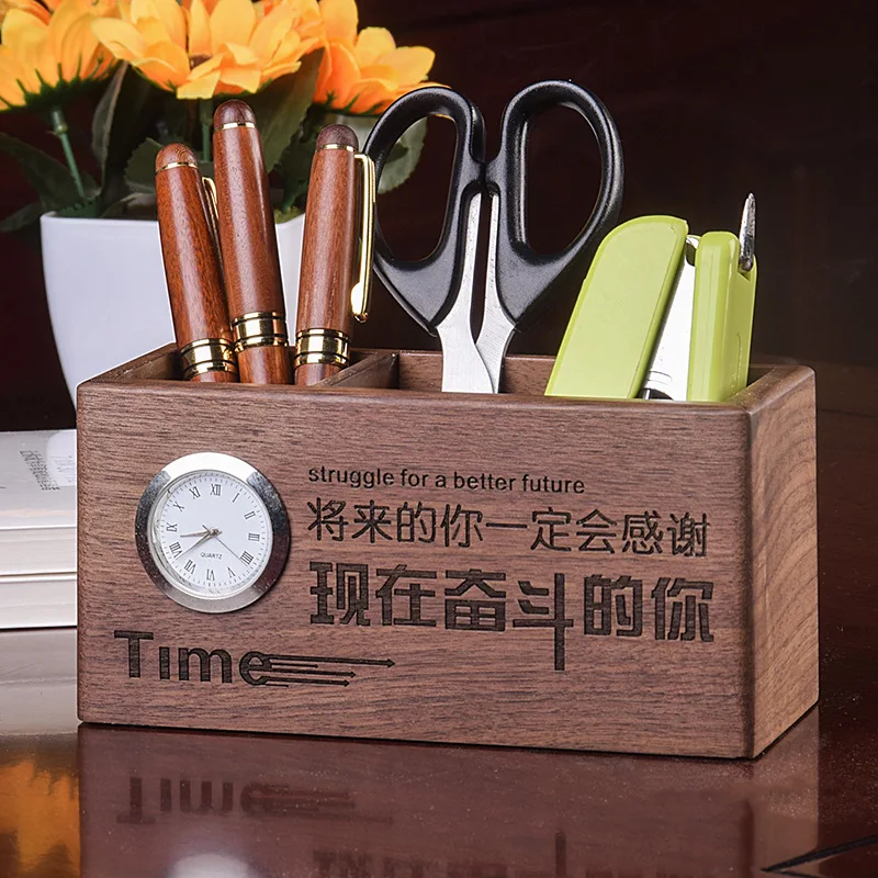 Creative multifunctional solid wood pen holder office supplies desktop  storage box advertising gifts work desk accessories