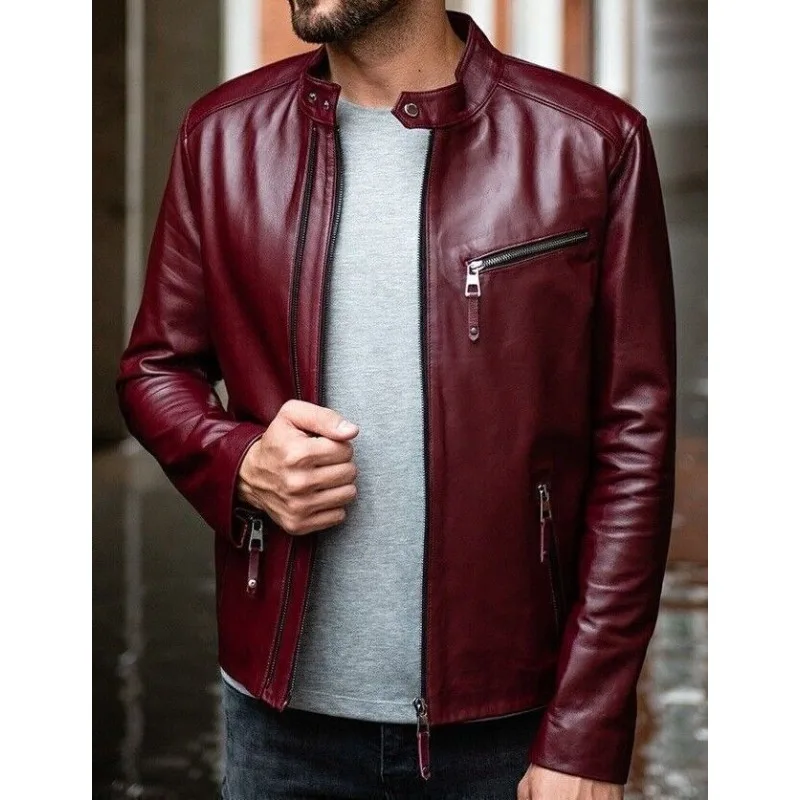 

Men's Biker Style 100% Real Lamb Leather Jacket Maroon Motorcycle Fashion Jacket