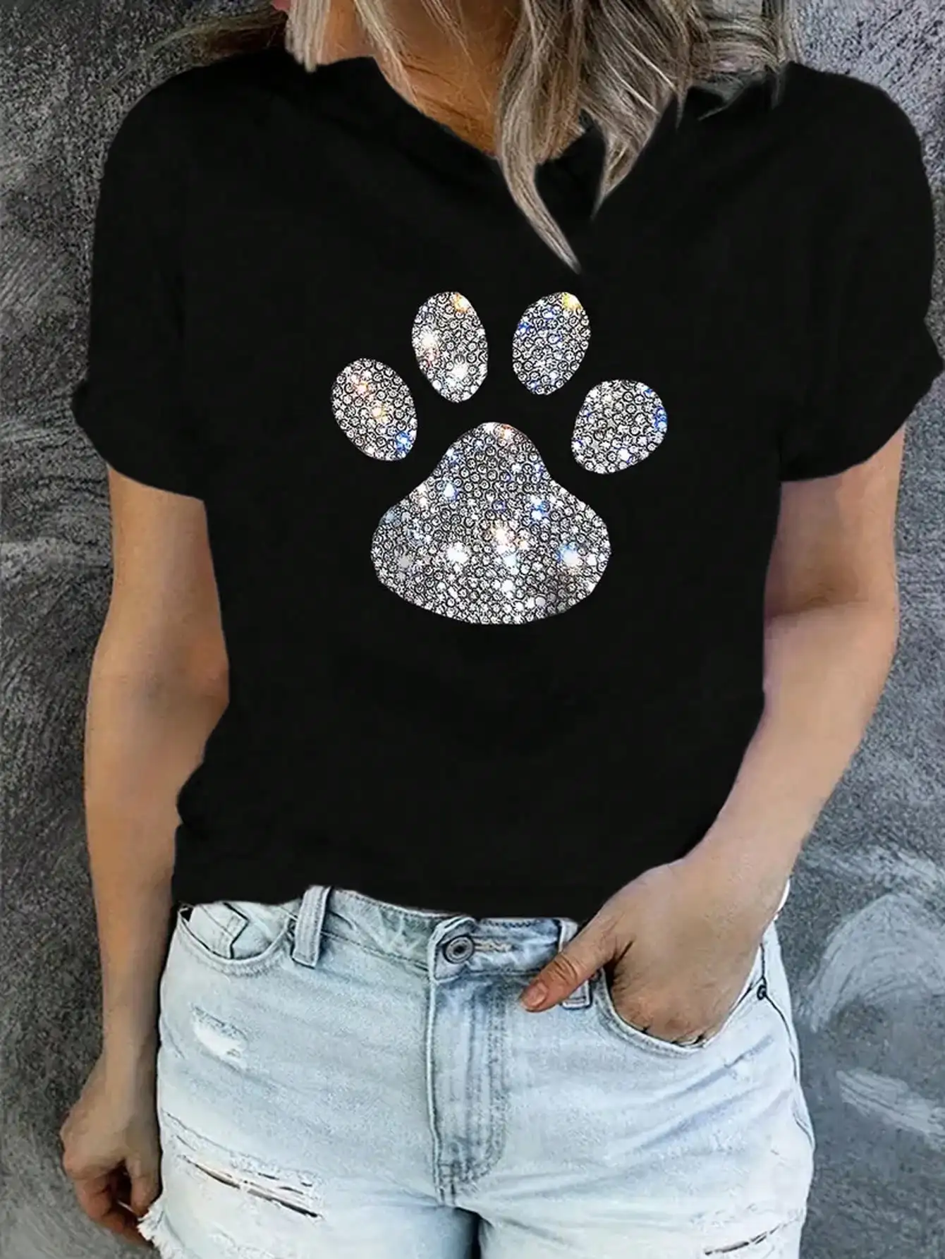 

INAWLY Paw Print Round Neck Short Sleeve T-Shirt, Graphic Women Tee Soft Short Sleeve Fashion Female Clothes