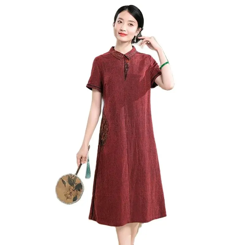 BirdTree, 100%Mulberry Silk Embroidery Dresses, Women's XiangYunSha Short Sleeve, Retro Large Mom Dress, 2024 Summer D44438QC