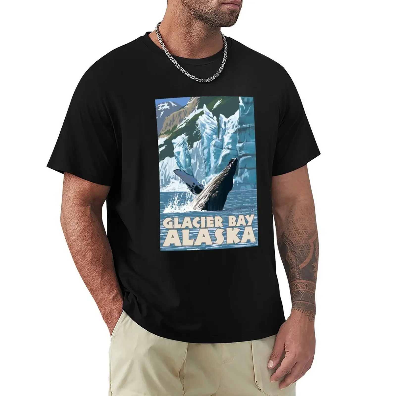 

Glacier Bay National Park Splashing Whale Alaska Vintage Travel Decal T-Shirt quick drying cheap stuff mens shirts graphic tee