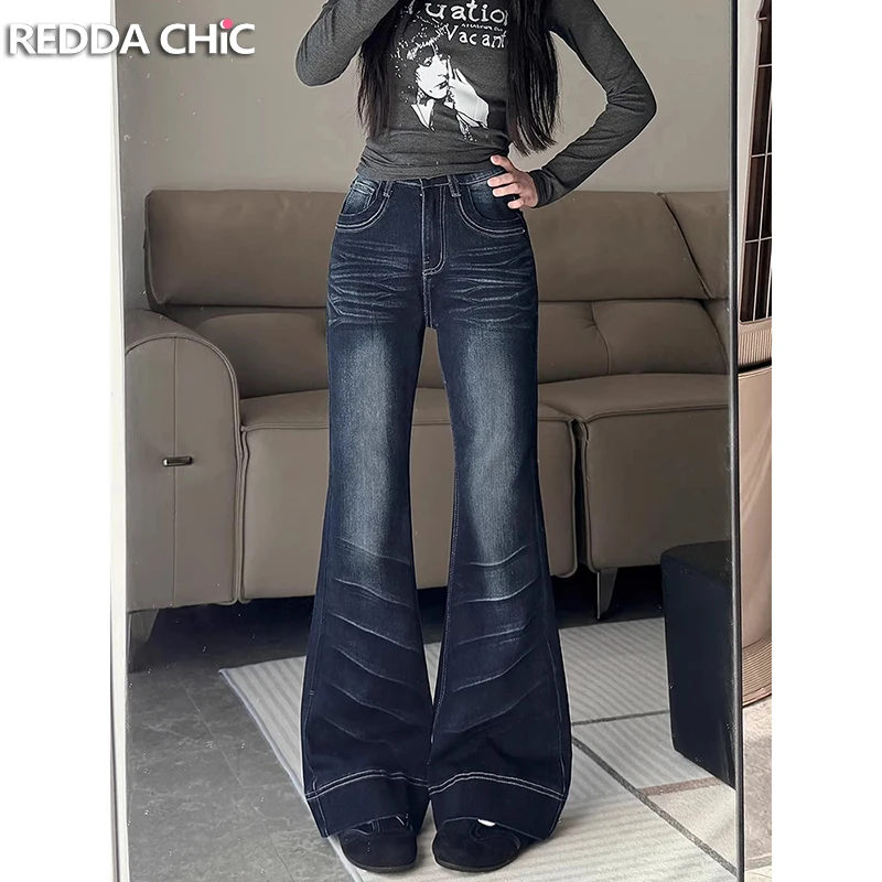 

ReddaChic Do Old Flared Jeans for Women Vintage Cleanfit Washed Solid Slim Fit High Rise Bell Bottoms Minimalist Everyday Wear