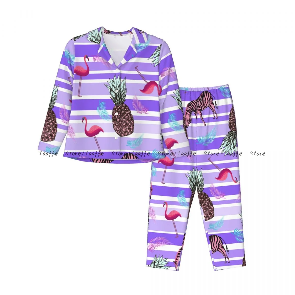 Spring Pajama Set Women's Long Sleeve Pants Two Piece Pineapple Flamingo Pink Zebra And Palm Leaves Home Furnishing Set