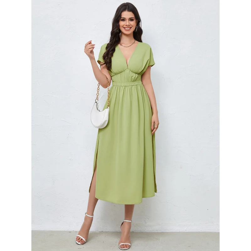 

YQ1-Sexy StyleVCollared Dress Spring New Backless High Waist Solid Color A-line Dress for Women