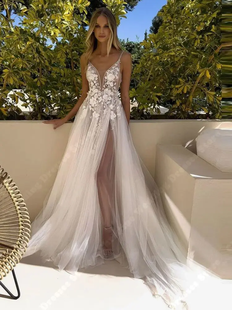 Delicate V-Neck Boho Tulle Wedding Dresses Summer Lace Applique Chiffon A-Line Gowns Mopping Length High Fork Vestidos De Novias