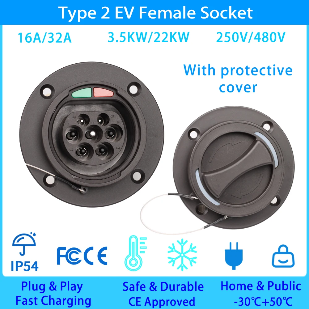 Type2 EV Car Socket 16A/32A 250V/480V 3.5KW/22KW Electric Vehicle Charging Socket Connector for IEC 62196 Charger Type2 Socket
