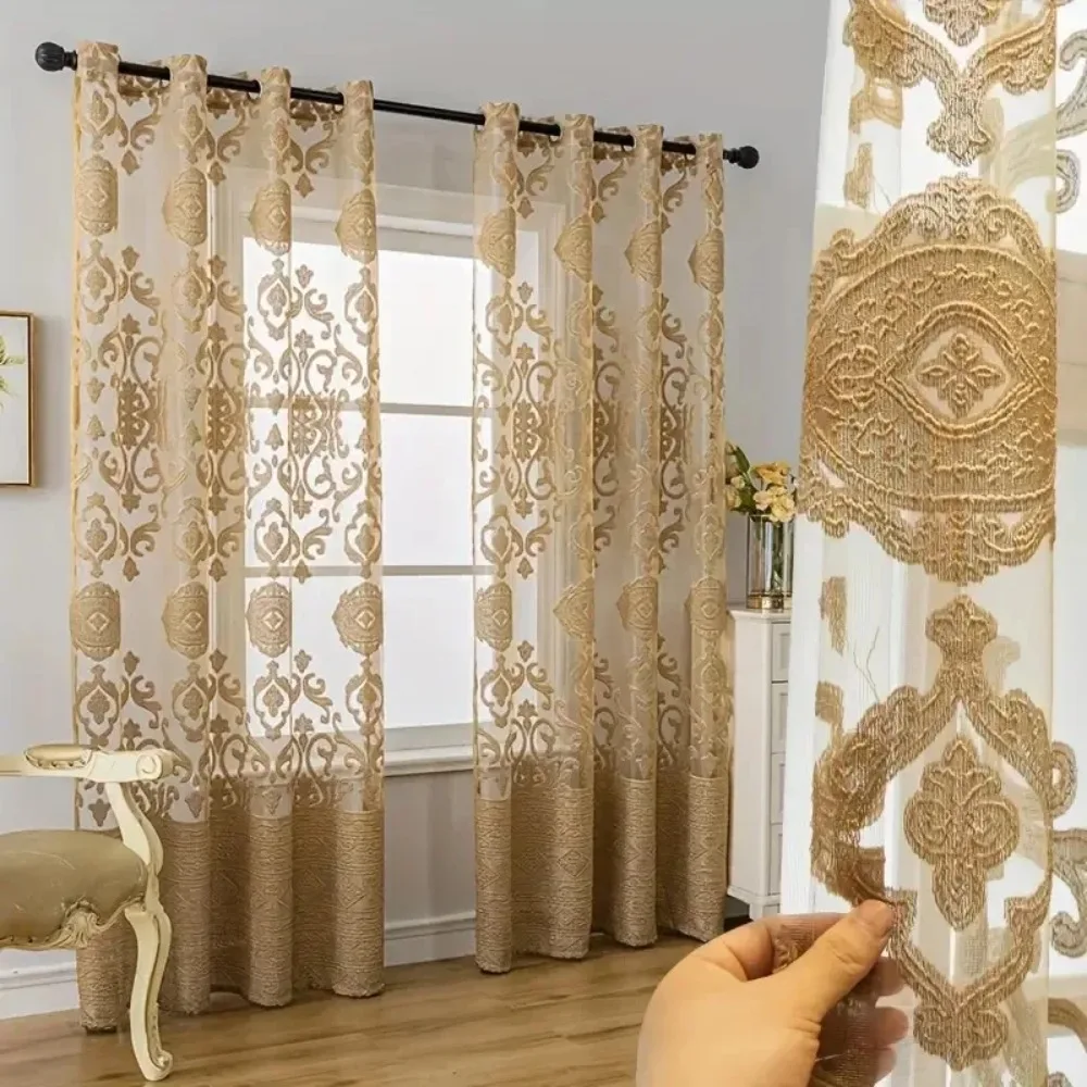 1pc Golden Jacquard European hollow-out Window Screen Tulle Curtains Window Treatment For Living Room Bedroom Balcony Home Decor