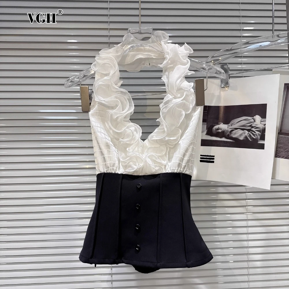 

VGH Hit Color Basics Vest for Women Halter Sleeveless Patchwork Appliques Slimming Backless Temperament Vests Female Summer New