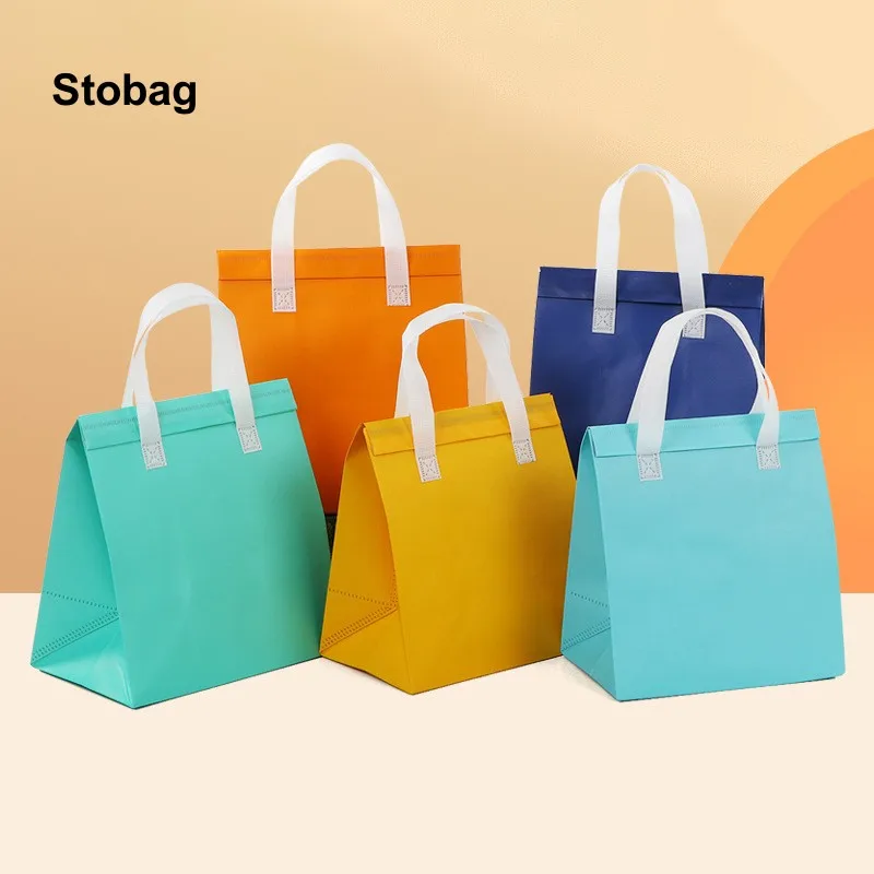 StoBag 25pcs Non-woven Lunch Box Bag Packaging Portable Food Drink Delivery Storage Cooler Carrier Pouch Custom Logo (Extra Fee)