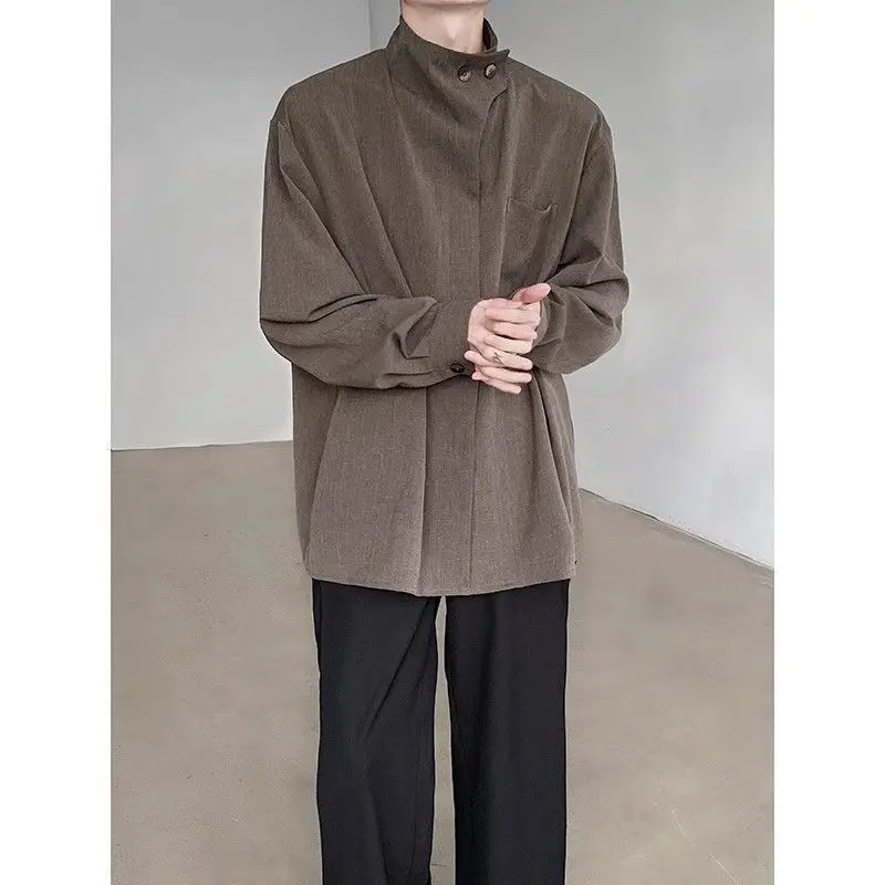 

French Button Stand Collar Korean Style High Neck Trendy Top Niche Vintage Loose Shirt Design Casual Versatile