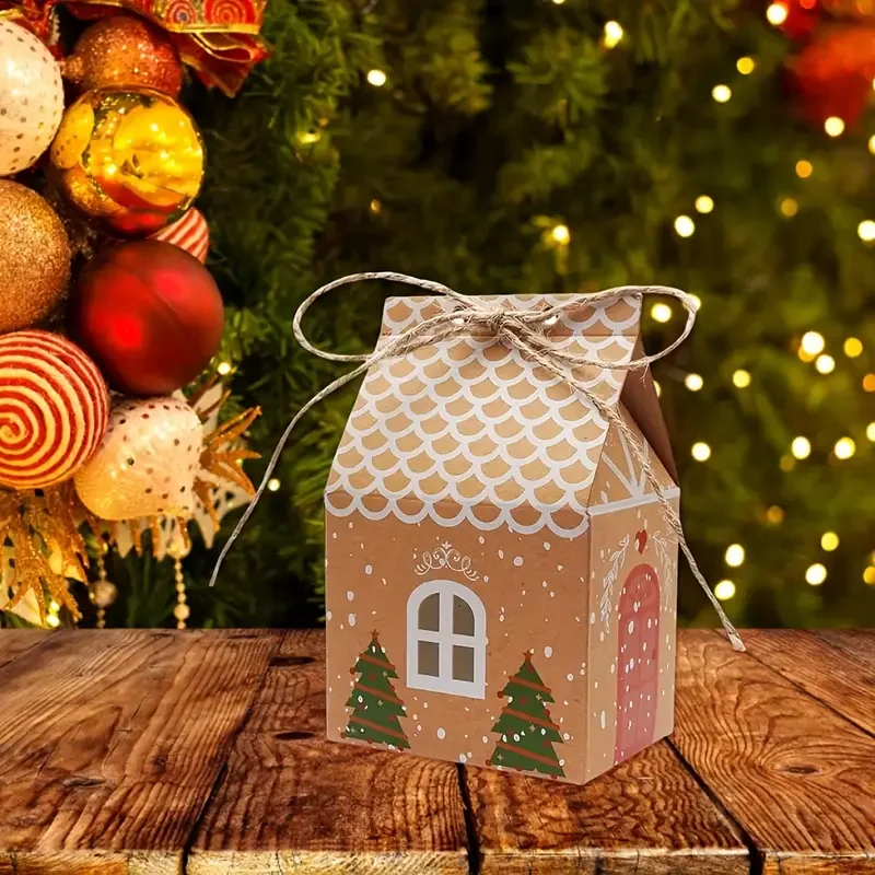 10/20/50PCS Christmas House Gift Box Kraft Paper Candy Dessert Small House Packaging Bag Bowknot Box Christmas Party Decorations