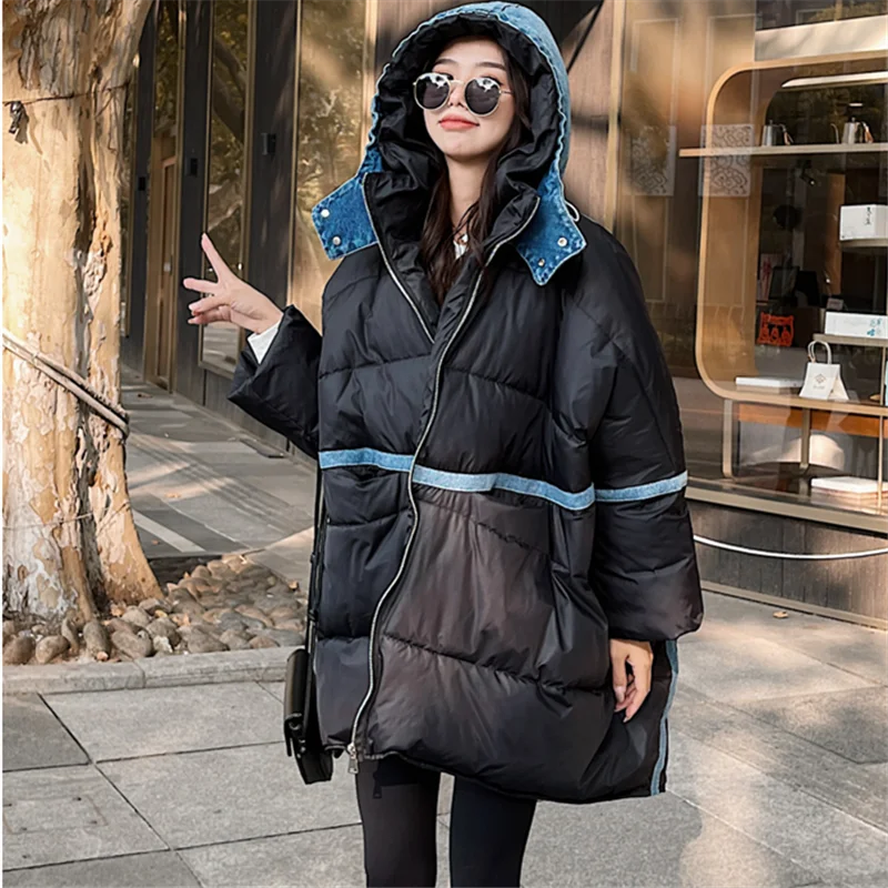 Oversize Black Cotton Coat Women Winter Jacket Pocket Fashion Denim Spliced Loose Hooded Down Jackets Thick Warm Parkas Female