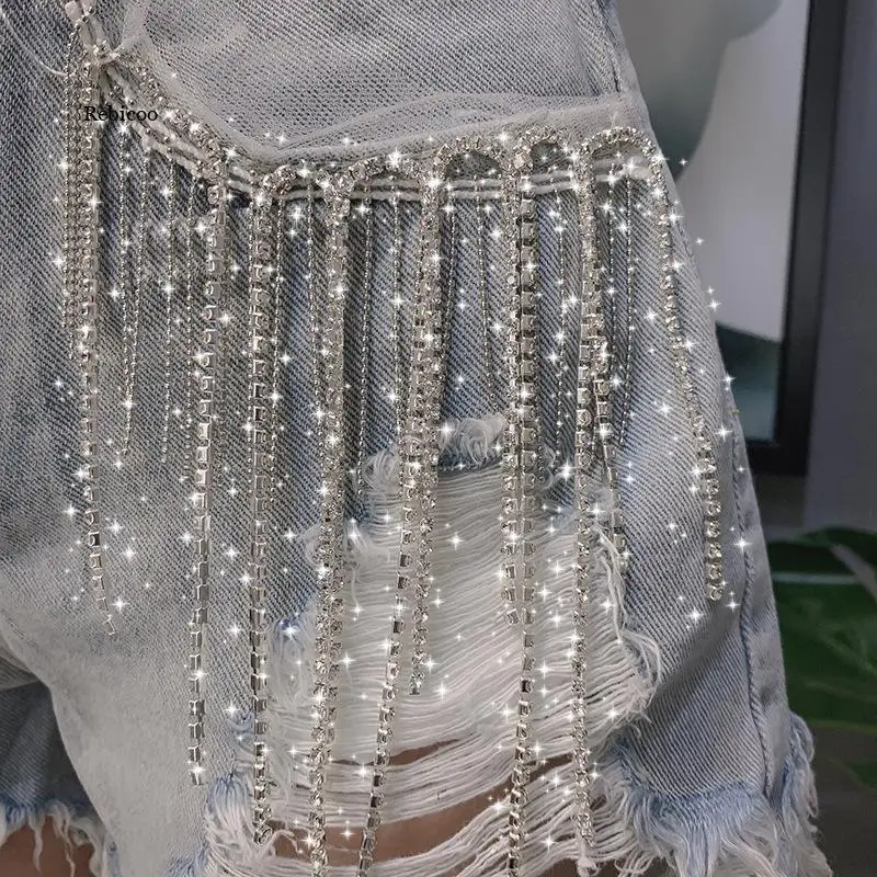 Women Shorts Tassel Bright Diamond Chain Light Blue High Waist Slim Spring And Summer Temperament