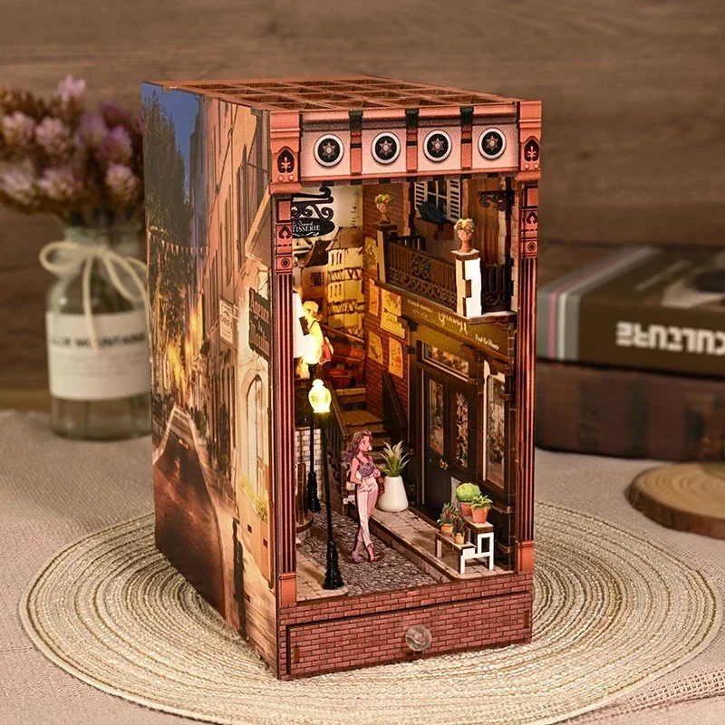 NEW Retro DIY Wooden Book Nook Shelf Insert Miniature Kit, European City Streetscape Bookshelf Home Bookend Decor Handmade Gifts