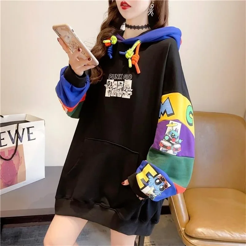 Women Loose Hip Hop Cartoon Print Tops Cute Funny Korean High Street Hoodies Patchwork Hooded Sweatshirt Girl Spring Pullover