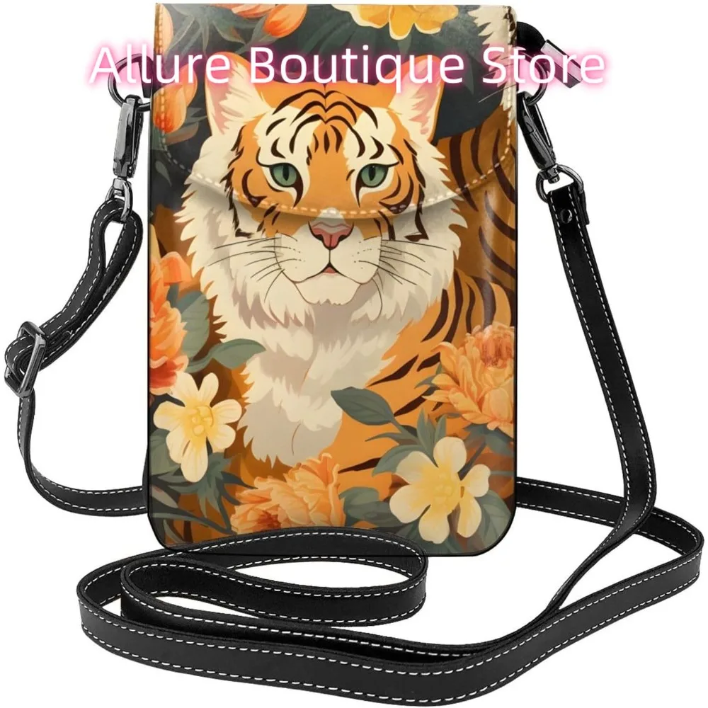 

Cartoon Funny Tiger Flower Crossbody Bag for Women PU Leather Small Travel Cell Phone Pouch Lightweight Mini Phone Purse Wallet