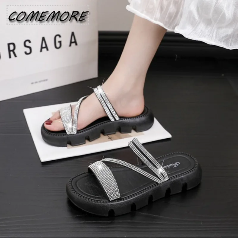 2024 Trend Summer Two Wear Round Head Women’s Dress Designer Luxury Rhinestone Slippers Large Size Sandals for Woman Beach Black