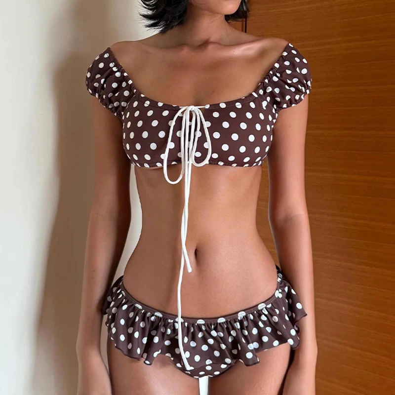 Women's brown polka dot bikini with off shoulder ruffle sleeves and lace up front two-piece swimsuit INS high waisted swimsuit