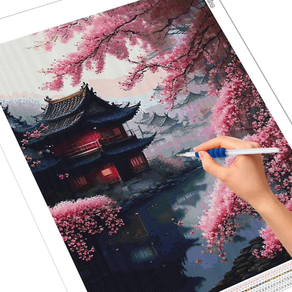 EverShine Diamond Painting Cherry Blossom Tree New 2024 Diamond Mosaic Scenery House Full Kits Embroidery River Home Decor Gift