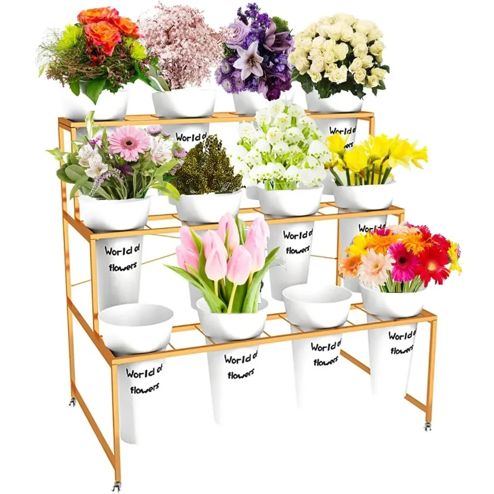 

Flower Display Stand With 12PCS Buckets, 3 Layers Metal Plant Stand with Wheels, Heavy Duty Moving Plant Cart Shelf, for Indoor,
