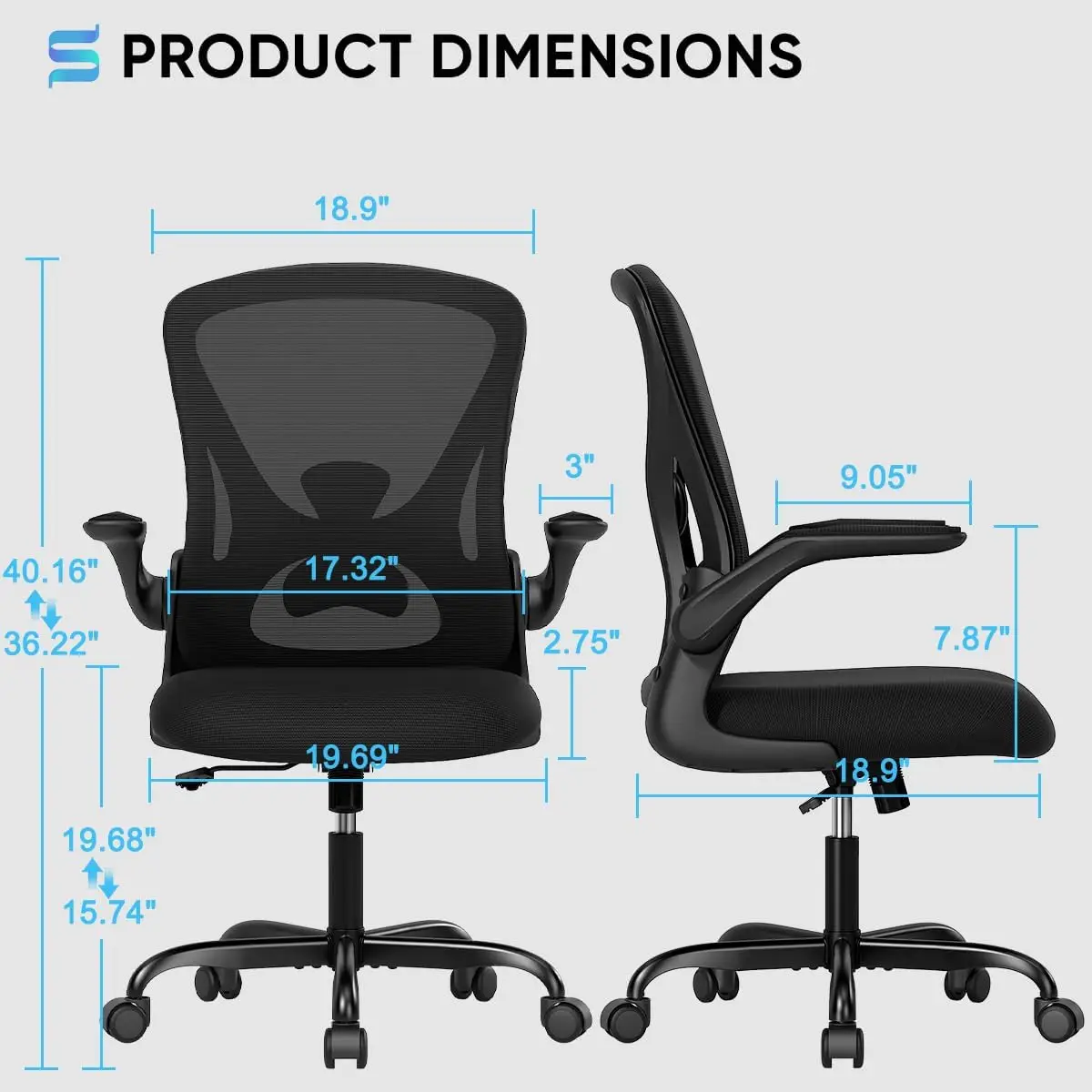 Sytas Ergonomic Desk Chair with Padded Flip up Arms and Supportive Lumbar Support, Breathable Mesh Home Office Chair