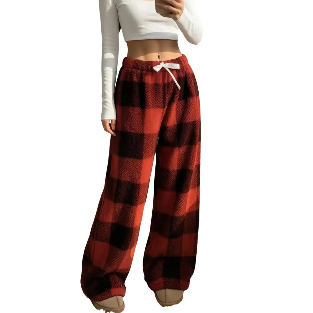 Breathable Thermal Lounge Trousers Women Plaid Wide Leg Pants Drawstring High Waist Coral Fleece Loungewear Thick for Indoor