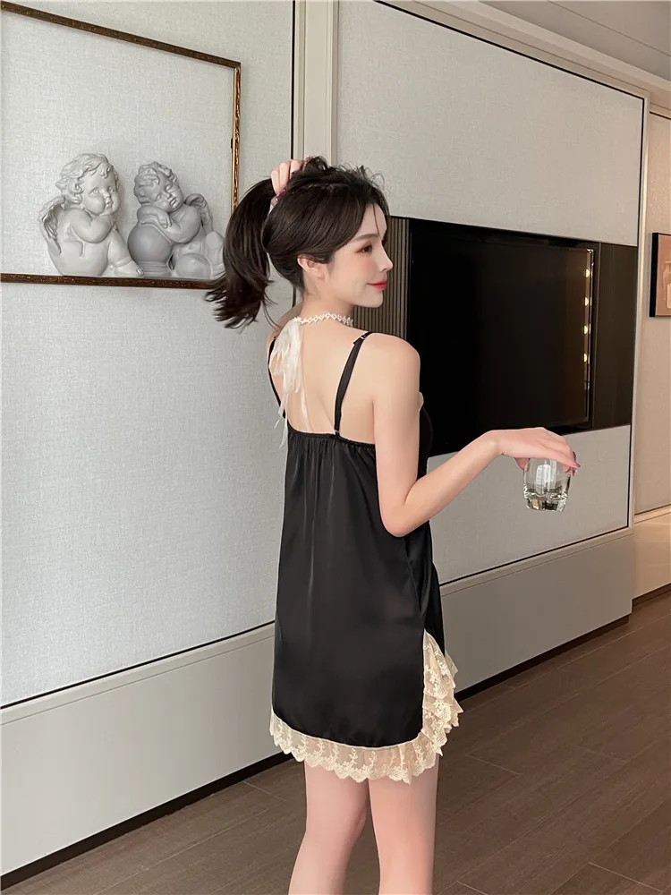 Women Satin Sleeveless Solid Nightgown Lace Erotic Nightdress Female V-neck Homewear Nightwear Night Dress Women Sexy Sleepwear