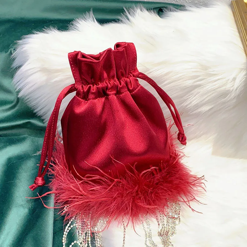 

Satin Fur Shoulder Bag Rhinestone Tassel Crossbody Bag Silk Evening Bags Handbags Candy Color Feather Drawstring Bags for Women