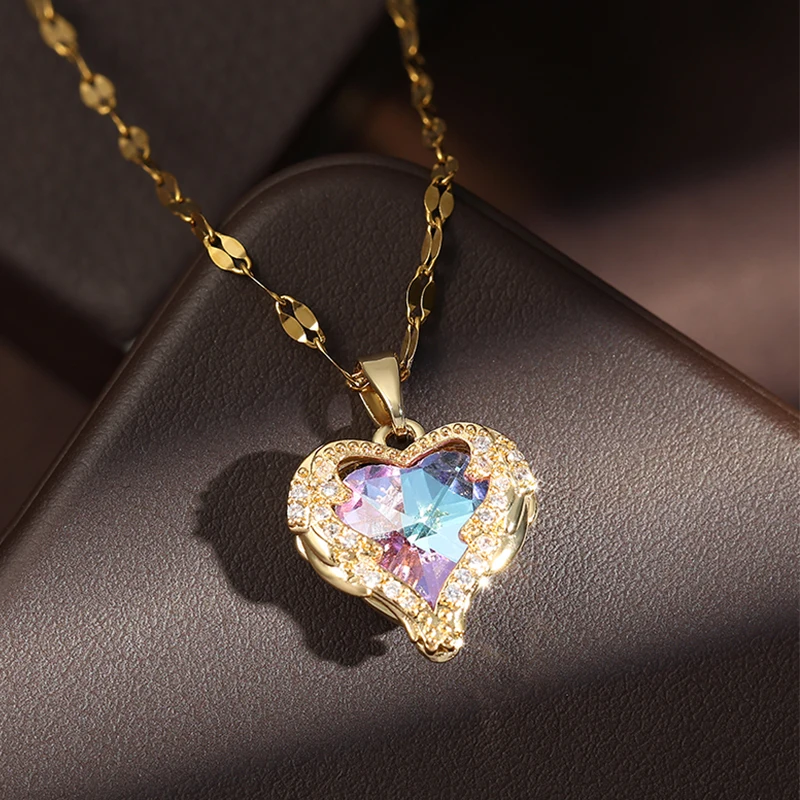 Trendy Heart OF Ocean Stainless Steel Cubic Zirconia Necklaces For Women Men Gold Color Metal Crystal Party Everyday Jewelry