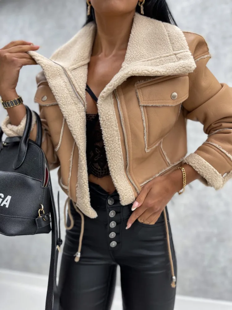 Women Winter Faux Leather Jacket Long Sleeve Lapel Fleece Linen Coat Zip Up Motorcycle Jacket Warm Sherpa Coat Outwear