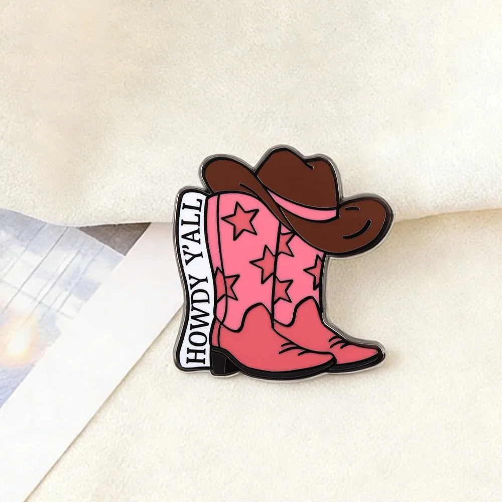 American Western Style Pink Cowboy Boot Brooch HOWDY Y'ALL Retro Badge Rural Culture Metal Pin Backpack Decorative Enamel Pin
