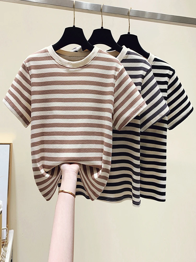 2022 Summer Tops T Shirt Women Short Sleeve Striped Tee Shirt Femme O-neck Summer Tops Knit Shirts Casual T-shirt for Women