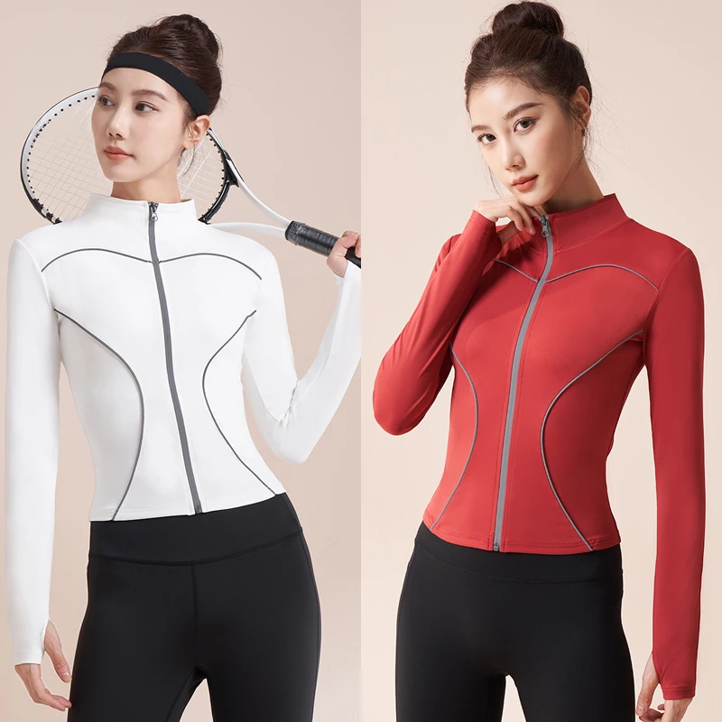 

Дизайн со светоотражающими полосками, спортивная узкая куртка, уличная повседневная куртка для бега, воротник-стойка, ветрозащитная куртка для йоги, женские манжеты на палец