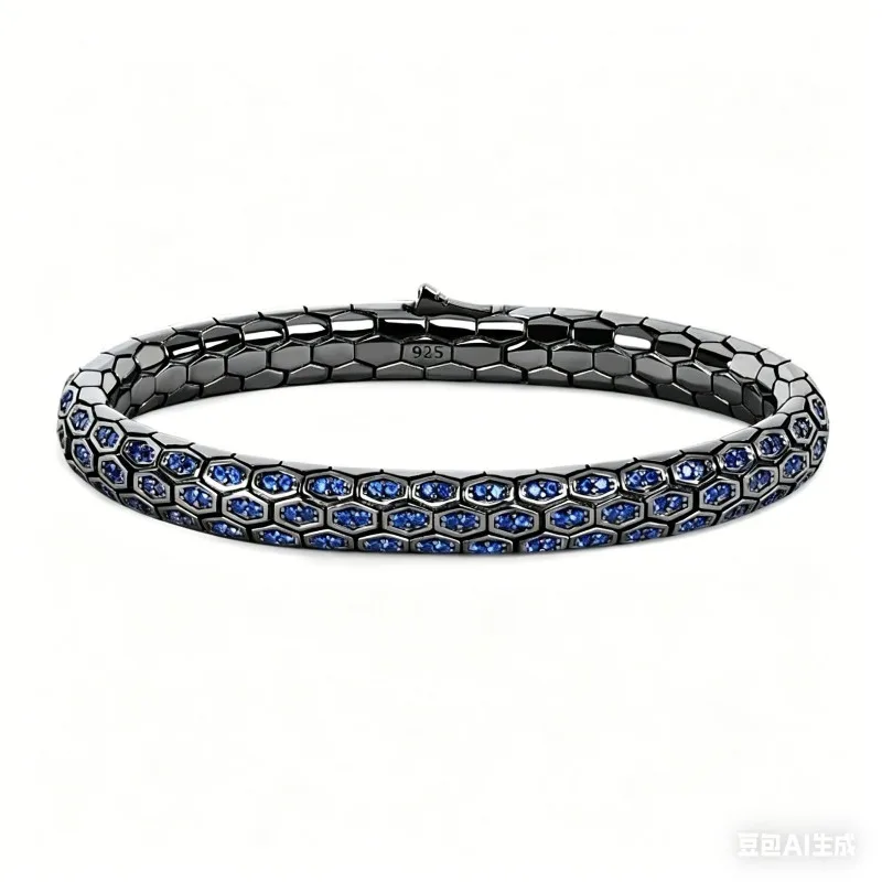 New Blue Stone Snake Pattern Bracelet, Full‑Paved Zircon Light Luxury Wrist Jewelry for Women Daily Party Wear