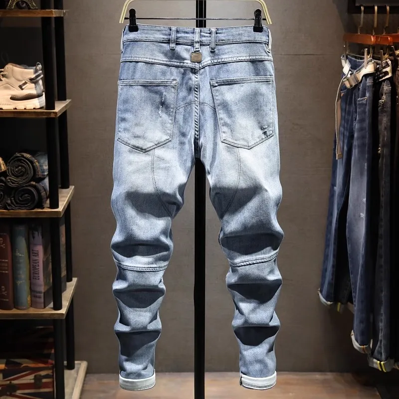 Street Designer Fashion Men Jeans Retro Light Blue Stretch Slim Fit Spliced Ripped Jeans Men Zipper Patched Hip Hop Biker Pants