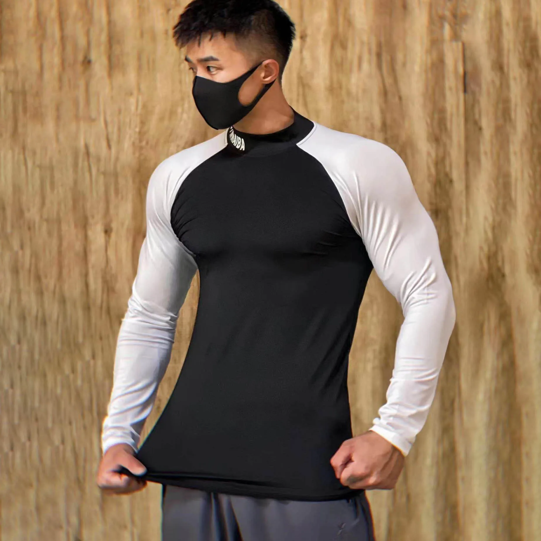 Men Turtleneck Long Sleeve Shirts Slim Fit Bodybuilding Tshirt Patchwork for Men Woukout Fitness Training Shirt