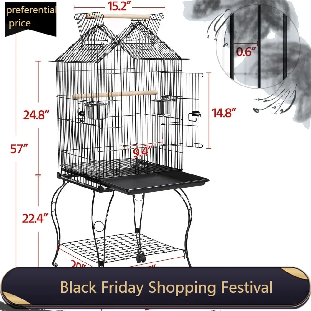 57-Inch Rolling Open Top Roof Bird Cage for Mid-Sized Parrots Cockatiels Caique Quaker Monk Indian Ring Neck