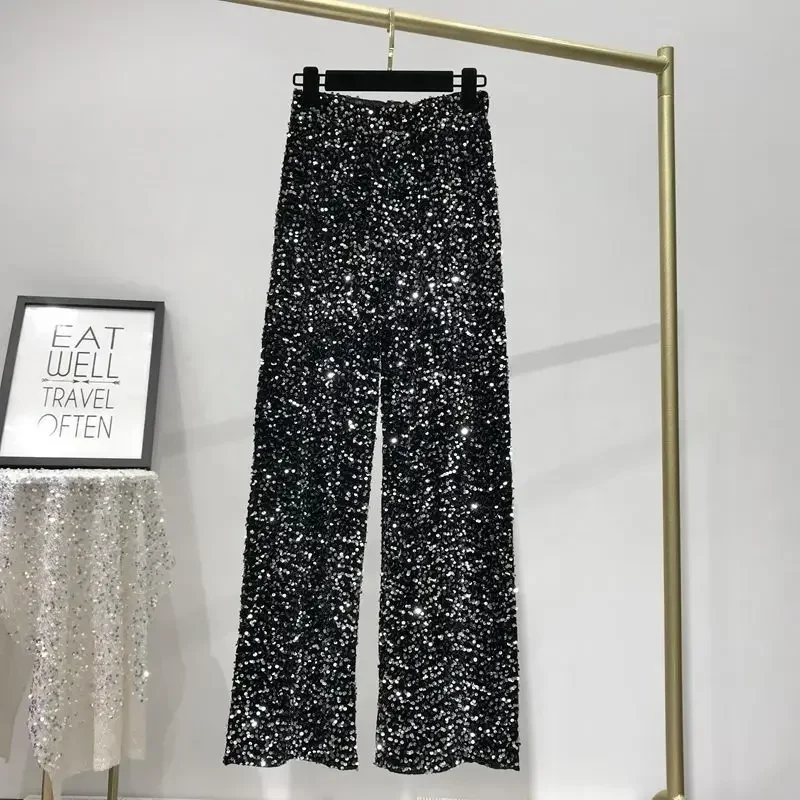 Autumn and Winter Korean Style Fashionable Sequined Long-legged Drapey Floor-length Trousers Shiny Straight Pants for Women