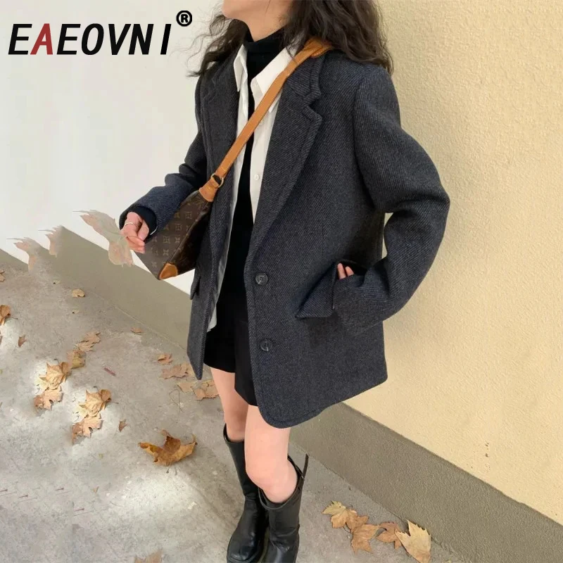 

EAEOVNI осенне-зимний шерстяной пиджак, женское модное однотонное пальто на пуговицах с длинными рукавами, офисная женская универсальная одежда