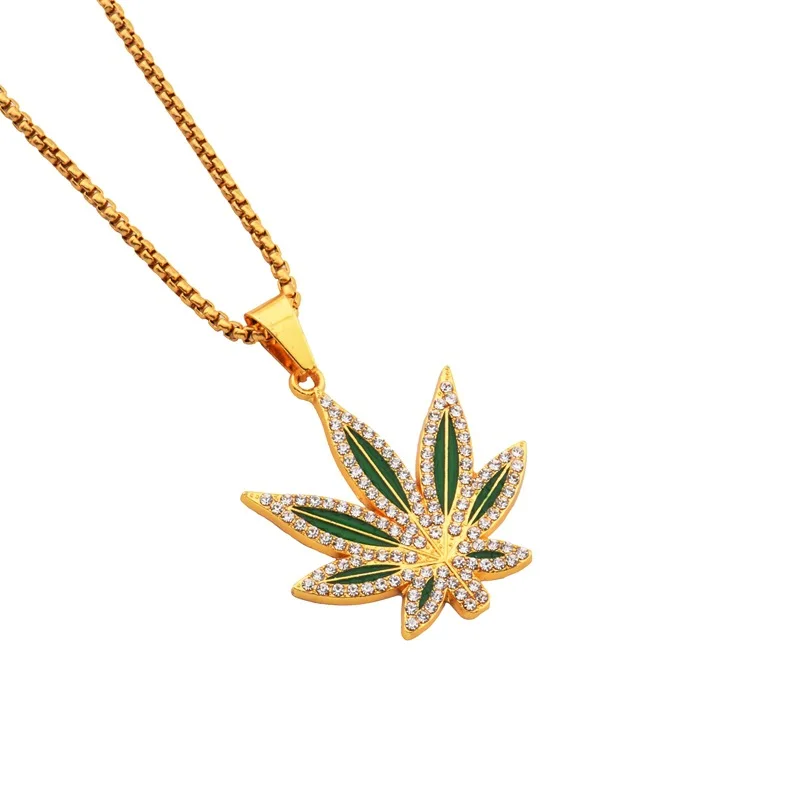Rhinestone Weed Pendant Necklace Men Maple Leaf Necklaces Gold Color Chains for Boys Women Steampunk Jewelry Accessories Gift view 4