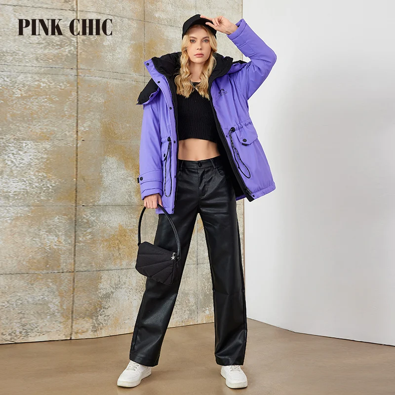 PINK CHIC 2023 New Winter Coat Women Down Jackets Fashion colorful Warm Lace up Hooded short version Parka Female W6566