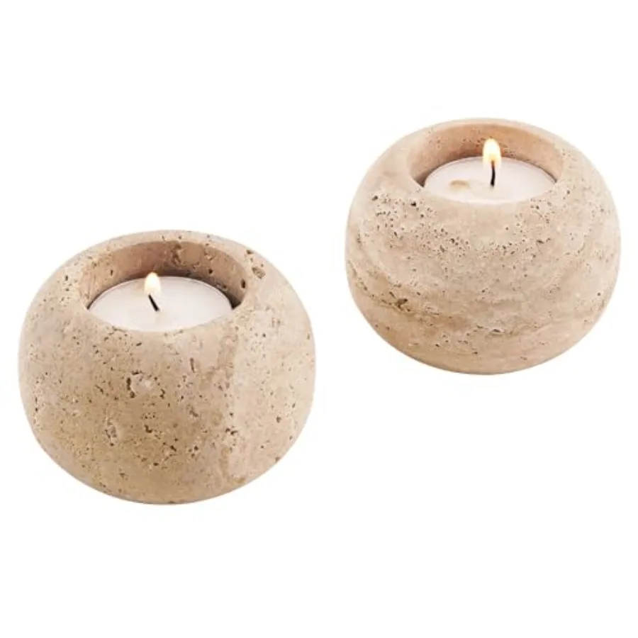 Marble Tealight Candle Holders 4 Inch Travertine Votive Candles Holder for Gifts Tea lights Candles Set of 2 For Birthday Weddi