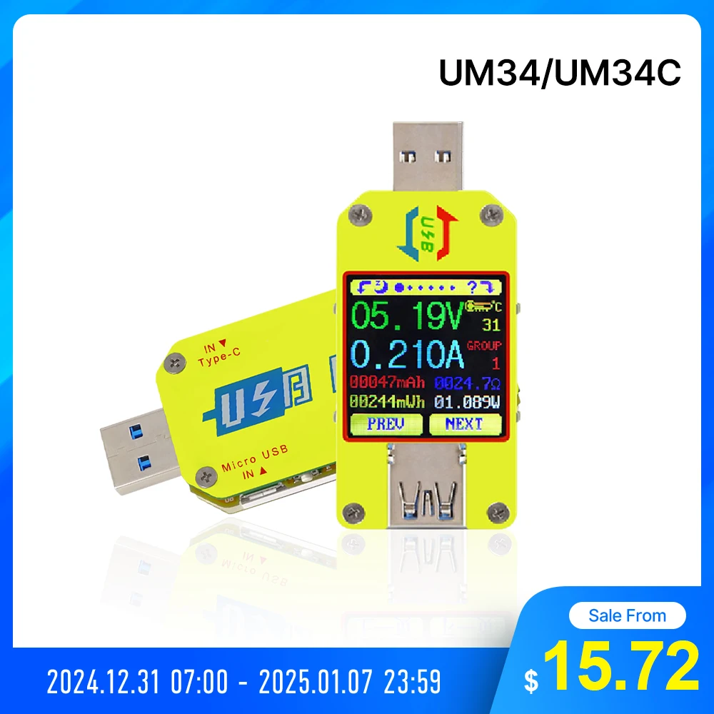 RD UM34 UM34C for APP USB 3.0 Type-C DC Voltmeter ammeter voltage current meter battery charge measure cable resistance Tester