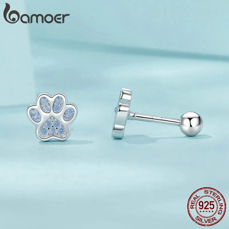 

Bamoer Opal Pet Paw Stud Earrings 925 Sterling Silver Unique Cat Dog Paw Design Earrings Women Fine Jewelry