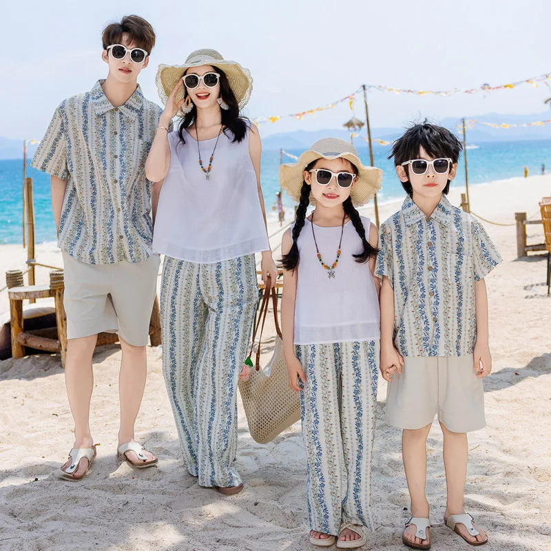 2026 Summer Family Matching Outfits Boho Floral Print Shirts & Wide Leg Pants for Mom Dad Kids Beach Vacation Set