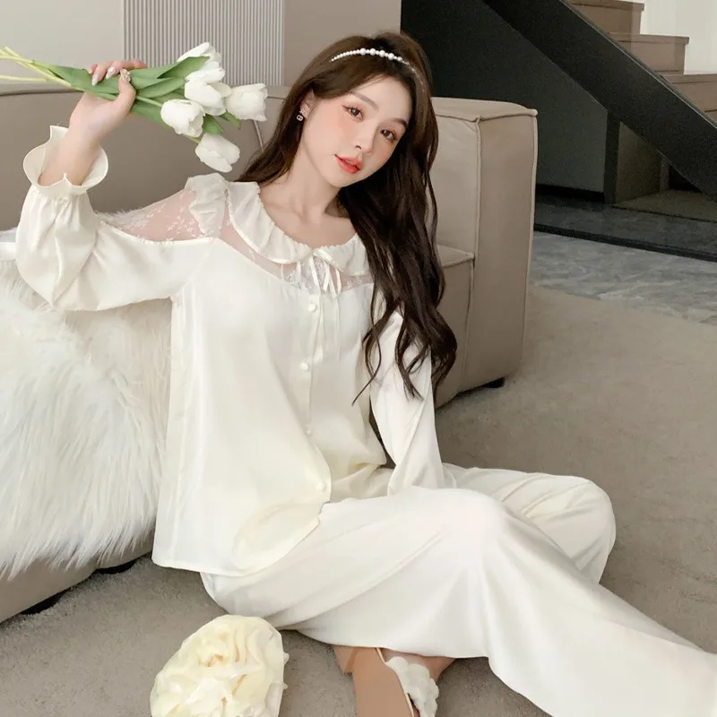 Spring or Summer Smooth and Soft Underwear Ice Silk Pajamas Women's New Long-sleeved Trousers Sweet Loungewear Set age reduction