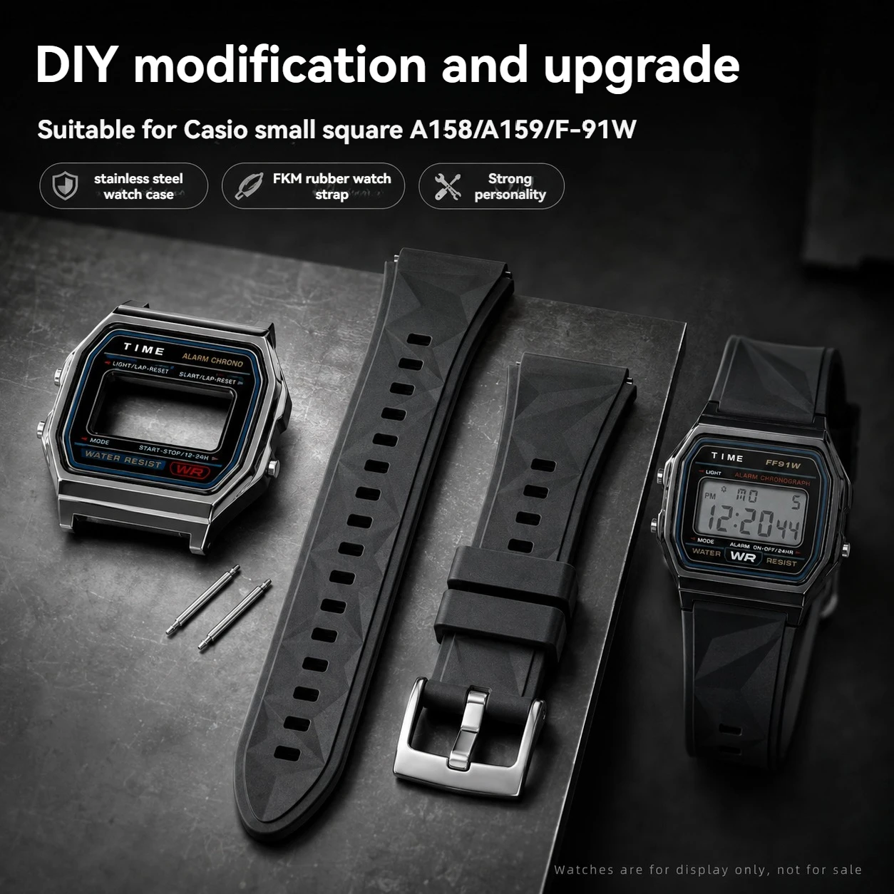 Image of Edelstahlgehäuse & FKM-Gummiband & Folien-Set für Casio Square A158 A159 F-91W, Komplettes Mod-Umbauset
